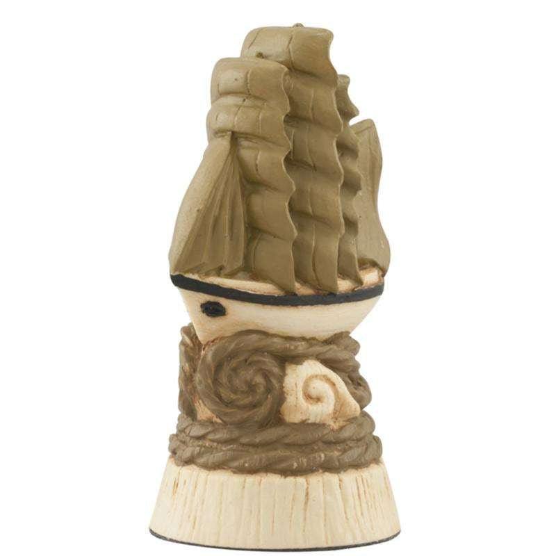 A hand painted cream base, gold accented Pawn Chess Piece depicting a ship atop the waves.

All the major voyages of discovery and the first circumnavigations of the world were undertaken by sail.