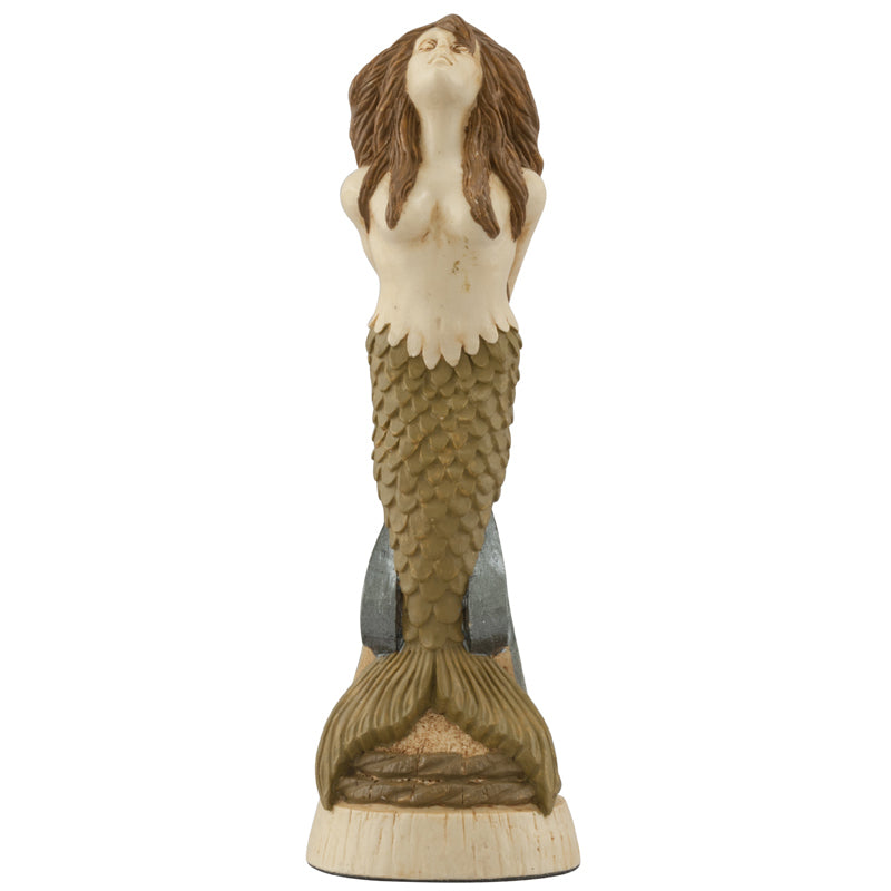 A hand painted cream, with golden accented fins Queen chess piece depicting a Mermaid, inspired by the mythical sirens of the sea.
