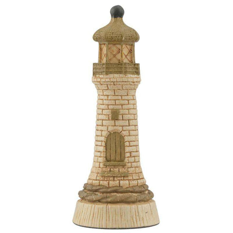 A hand painted cream base, gold accented Rook chess piece depicting a LightHouse, built to warn sailors of the proximity of rocks through thick fog and sea mist.