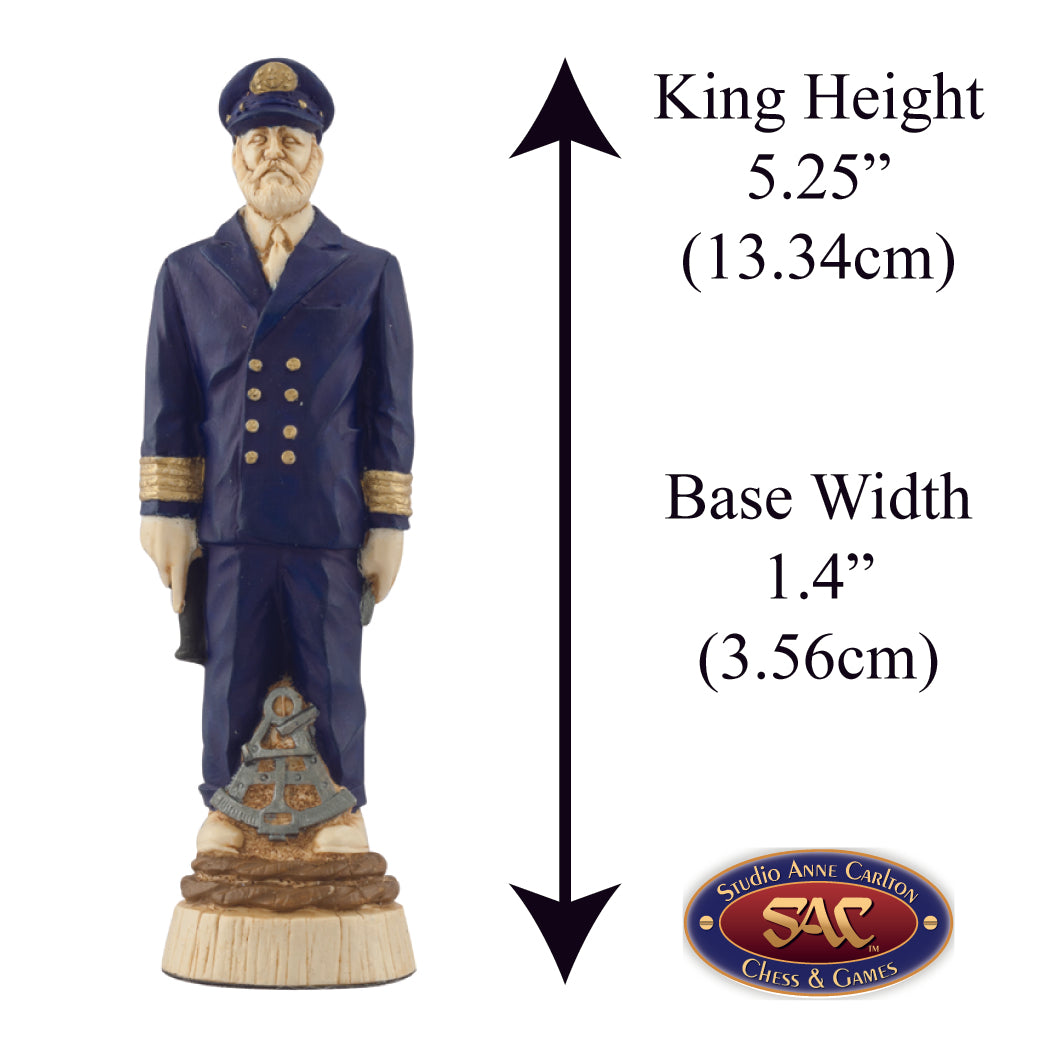 A hand painted cream and blue base, gold accented King chess piece depicting a Captain of a ship, inspired by mans constant quest to conquer the seas.
Alongside measurement information