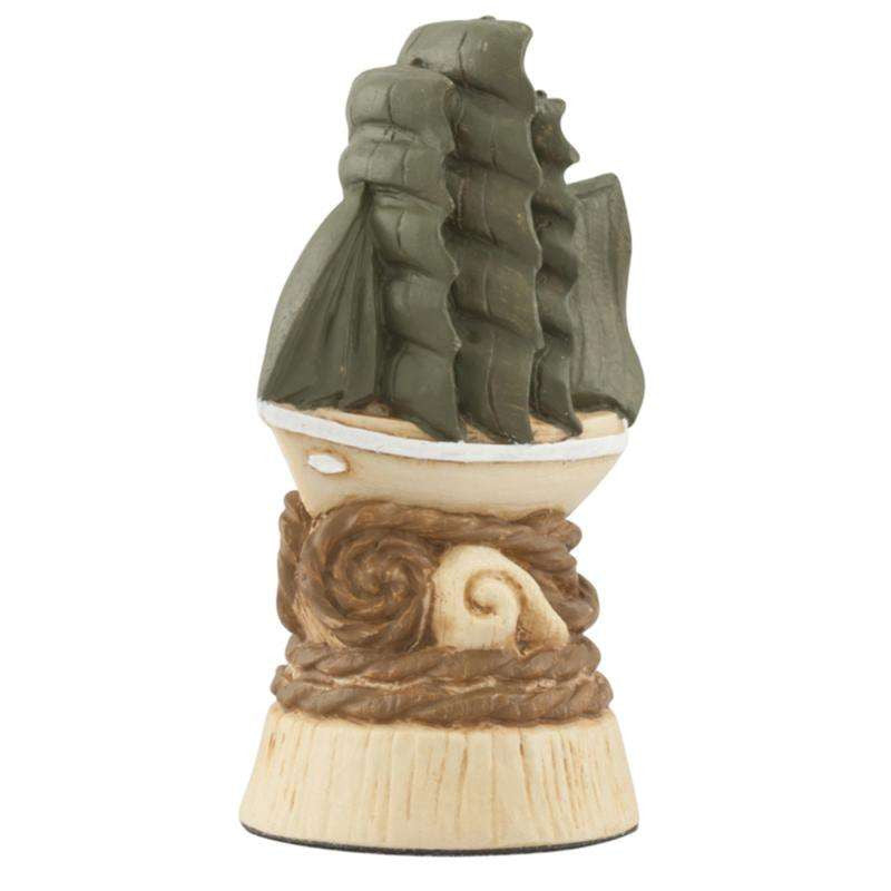 A hand painted cream base, green accented Pawn Chess Piece depicting a ship atop the waves.

All the major voyages of discovery and the first circumnavigations of the world were undertaken by sail.