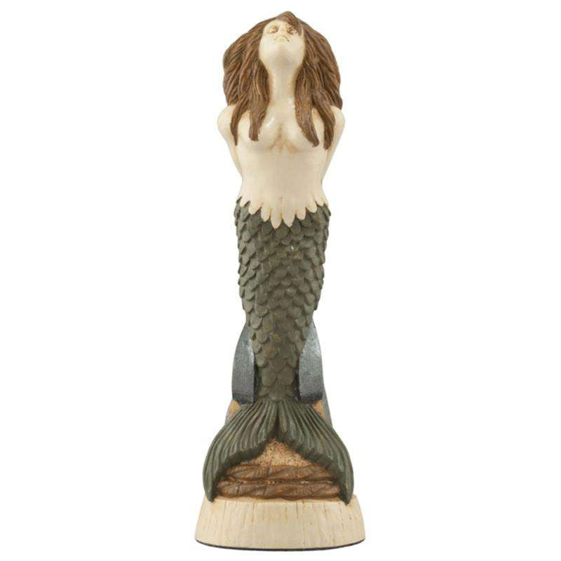 A hand painted cream, with green accented fins Queen chess piece depicting a Mermaid, inspired by the mythical sirens of the sea.
