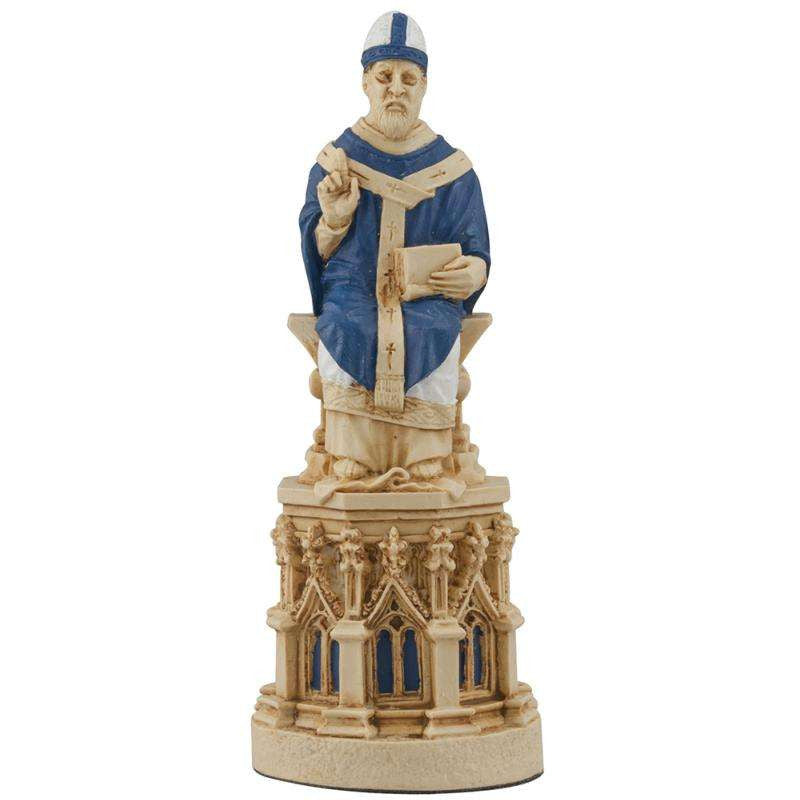 A hand painted cream base, blue accented chess piece depicting a Bishop or Archbishop, seated on the Bishops Throne.