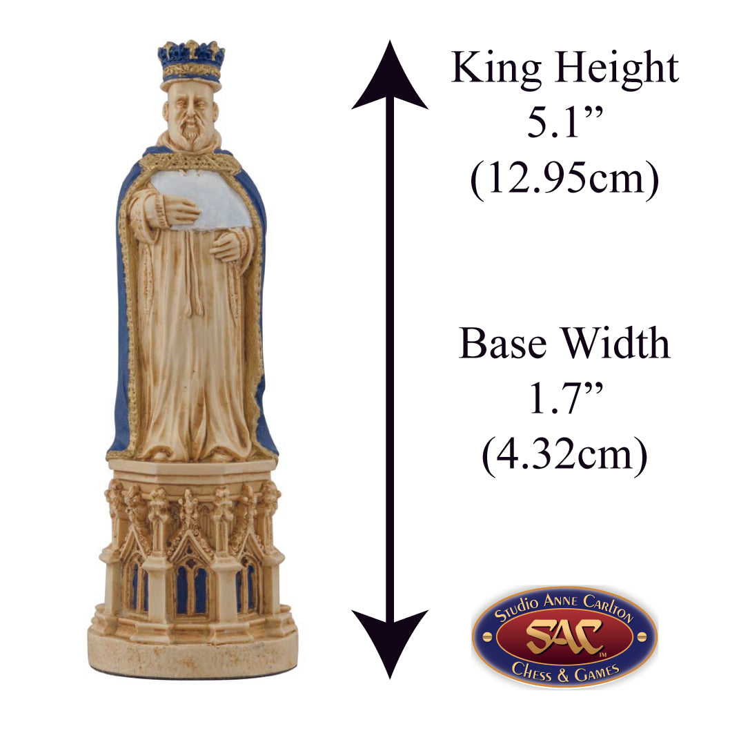 A hand painted cream base, blue accented chess piece depicting King Henry IV, inspired by the depiction on his tomb in the Canterbury Cathedral. Alongside measurement information.