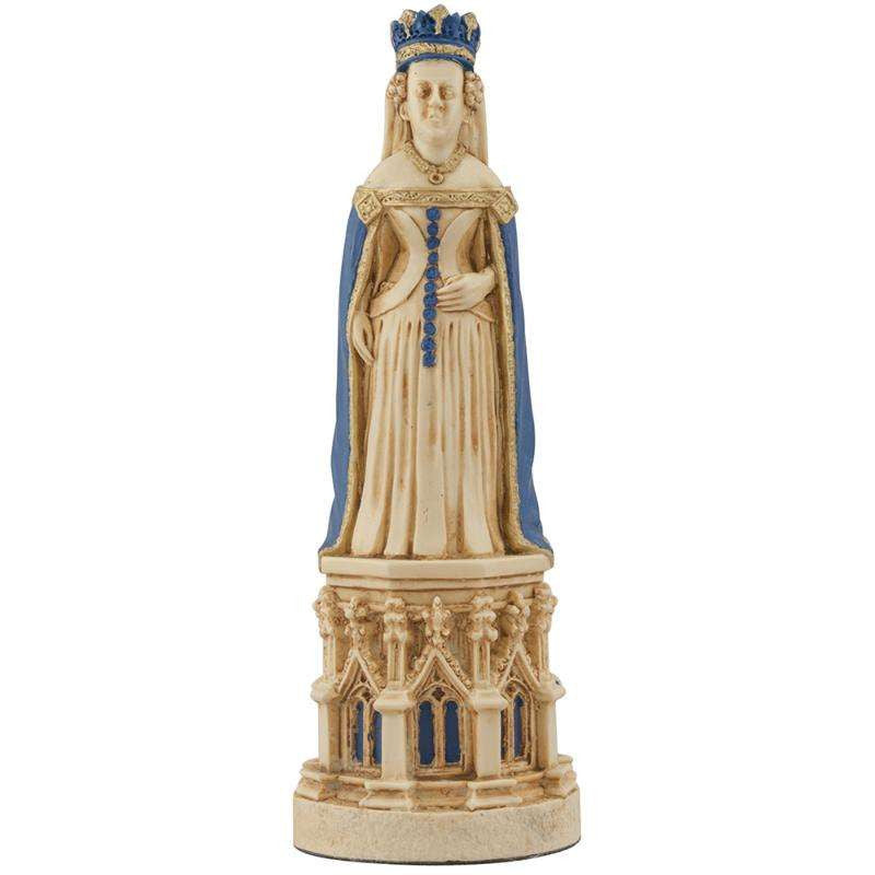 A hand painted cream base, blue accented chess piece depicting Queen Joan of Navarre, wife of King Henry IV, inspired by the depiction on her tomb in the Canterbury Cathedral.
