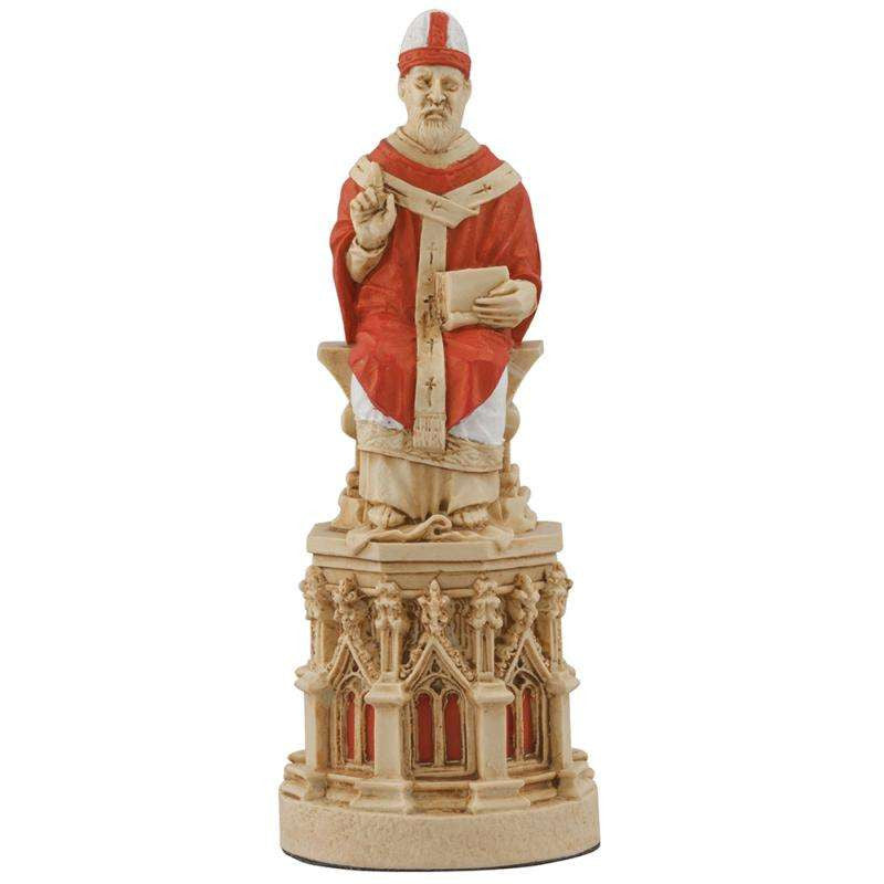 A hand painted cream base, red accented chess piece depicting a Bishop or Archbishop, seated on the Bishops Throne.
