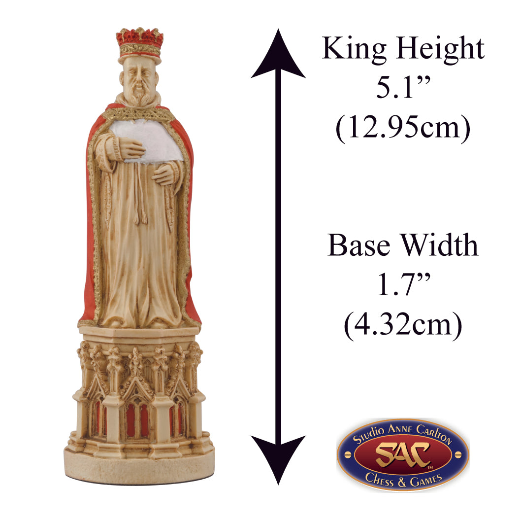 A hand painted cream base, red accented chess piece depicting King Henry IV, inspired by the depiction on his tomb in the Canterbury Cathedral. Alongside measurement information.