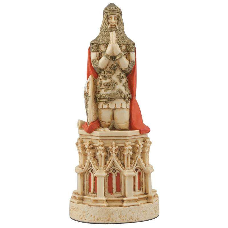 A hand painted cream base, red accented chess piece depicting Edward the Black Prince, the eldest son of King Edward III, inspired by the depiction on his tomb in the Canterbury Cathedral. 