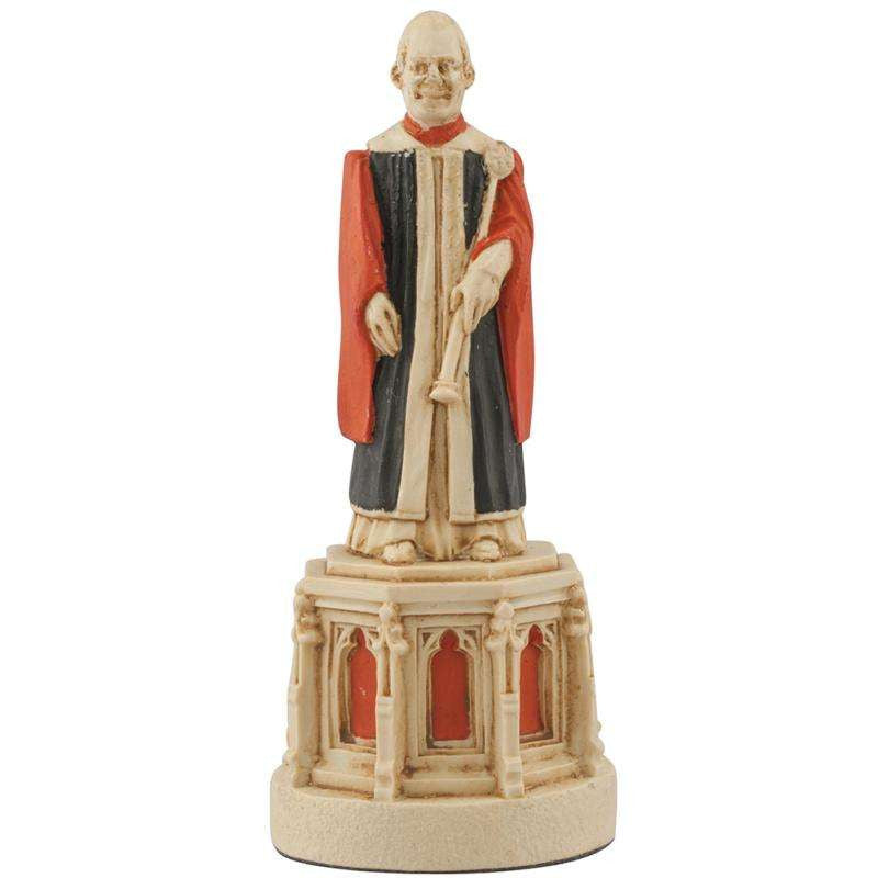 A hand painted cream base, red accented chess piece depicting a Cathedral Verger, The Vergers look after the daily life, liturgical preprations and the security of the Cathedral.