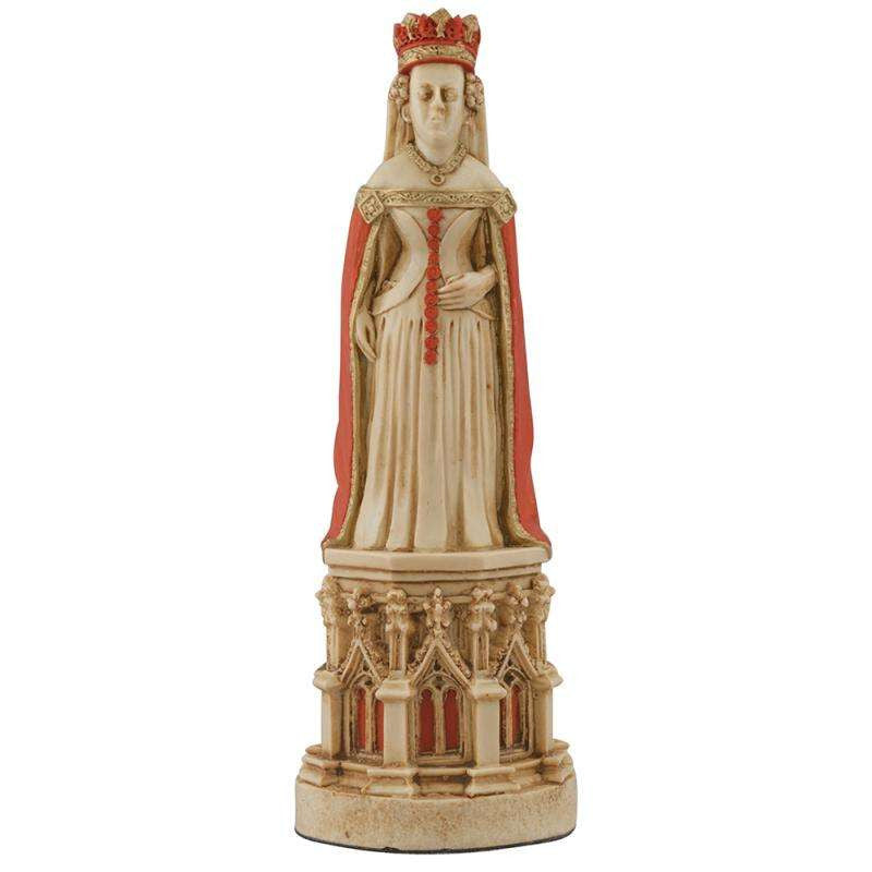 A hand painted cream base, red accented chess piece depicting Queen Joan of Navarre, wife of King Henry IV, inspired by the depiction on her tomb in the Canterbury Cathedral.