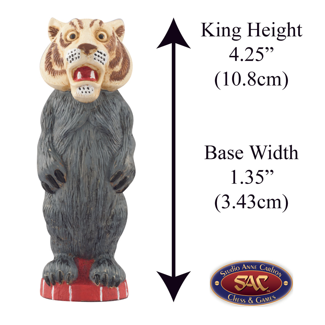 A handmade chess piece featuring a Kalidah from The Wonderful Wizard of Oz. Alongside measurement information.