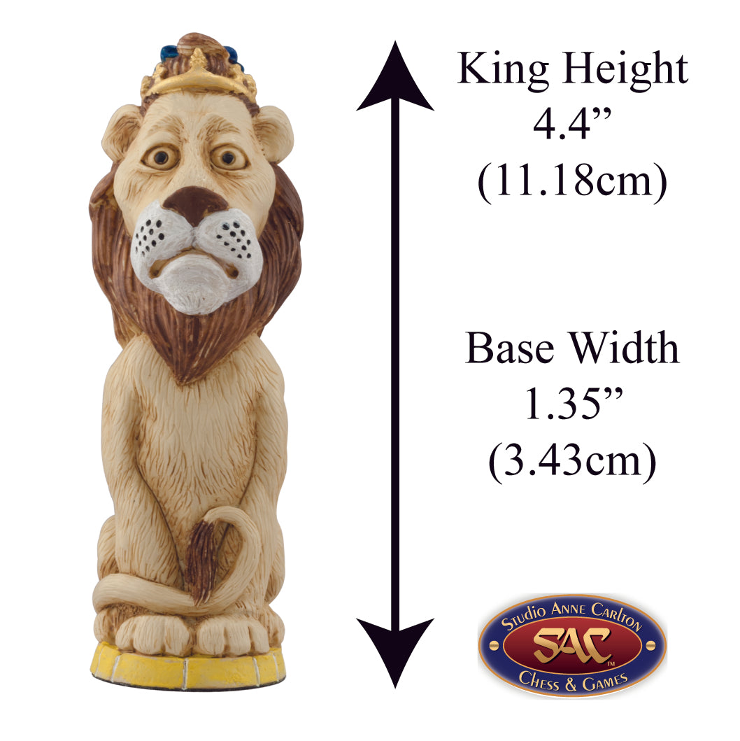 A handmade chess piece featuring The Lion from The Wonderful Wizard of Oz. Alongside measurement information.