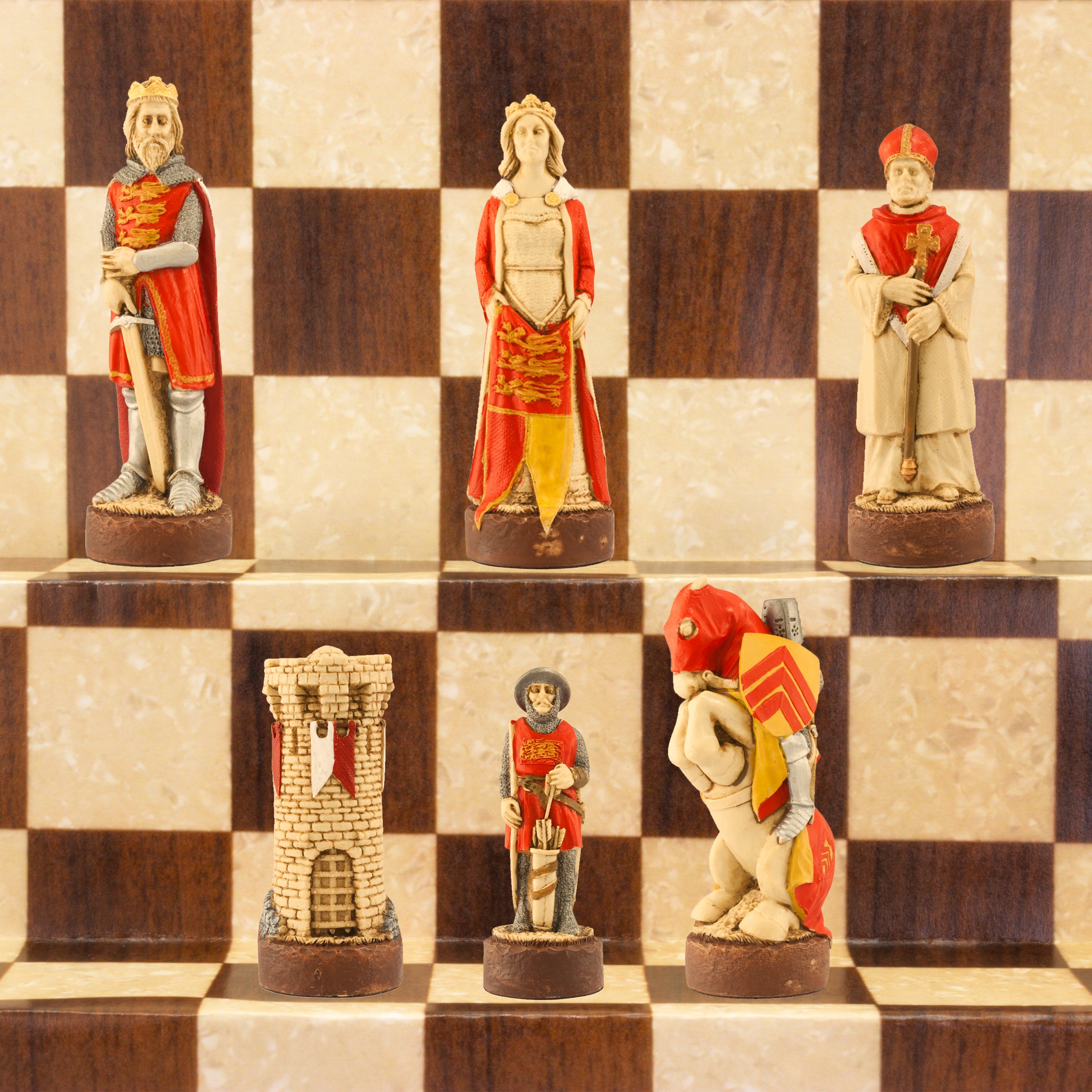 Hand-painted chess pieces depicting characters from the Battle of Bannockburn, placed on a chessboard.