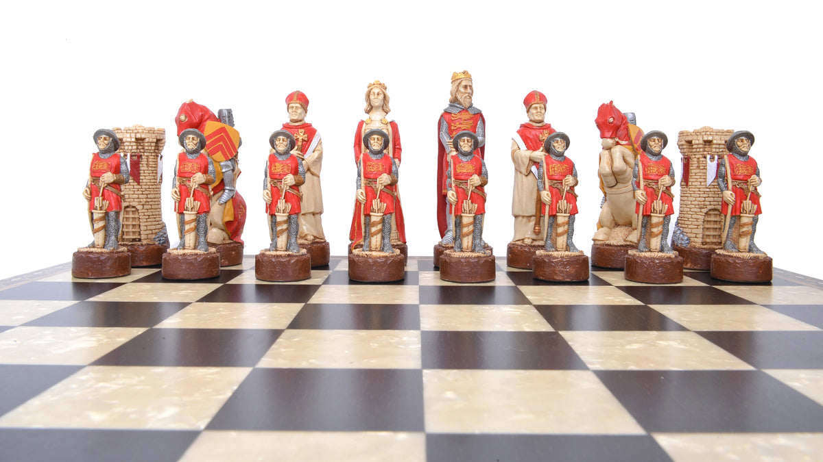 Hand-painted chess pieces depicting characters from the Battle of Bannockburn, placed on a chessboard.
