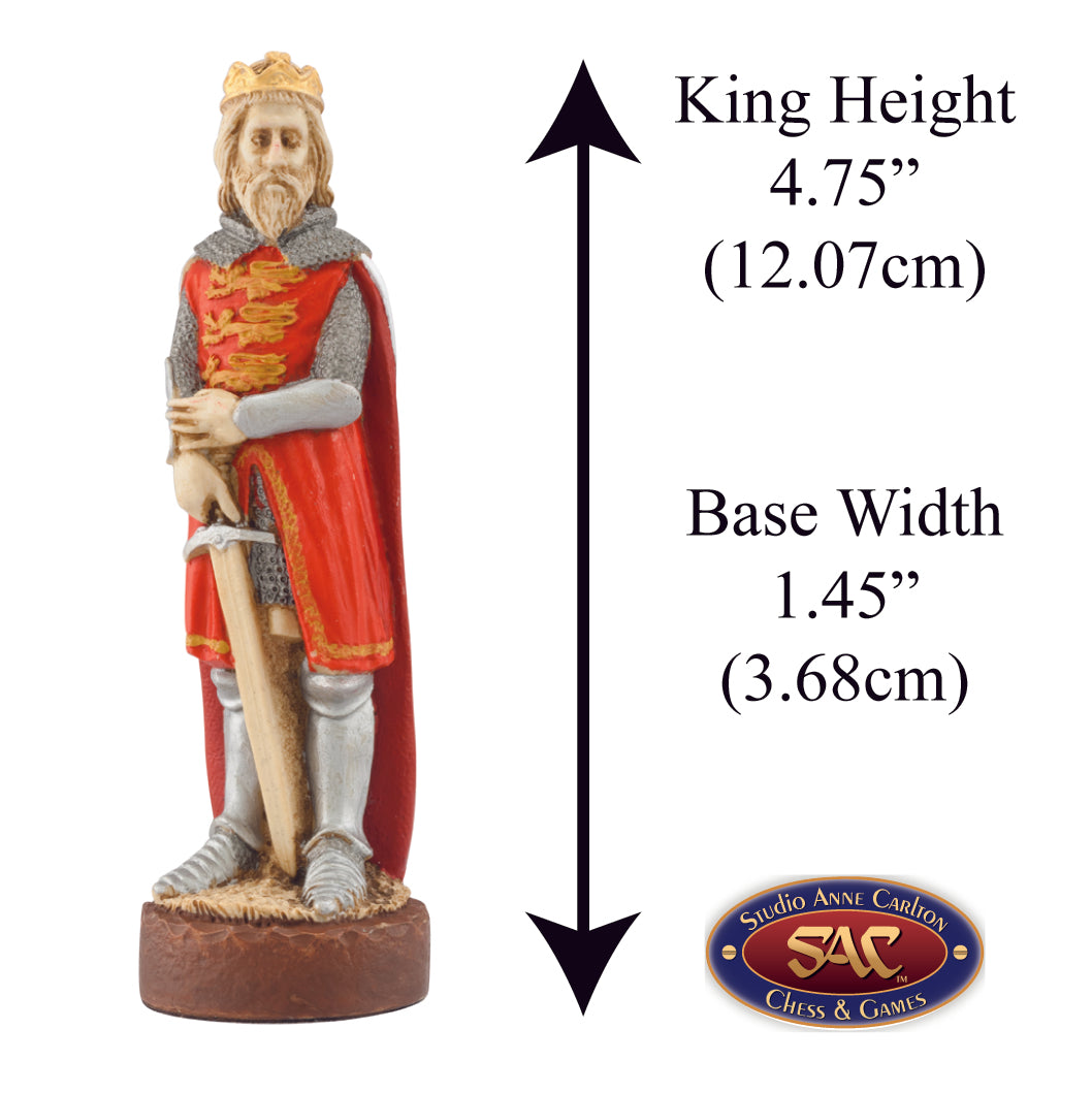 A handmade chess piece depicting King Edward II from The Battle of Bannockburn, Alongside measurement information.