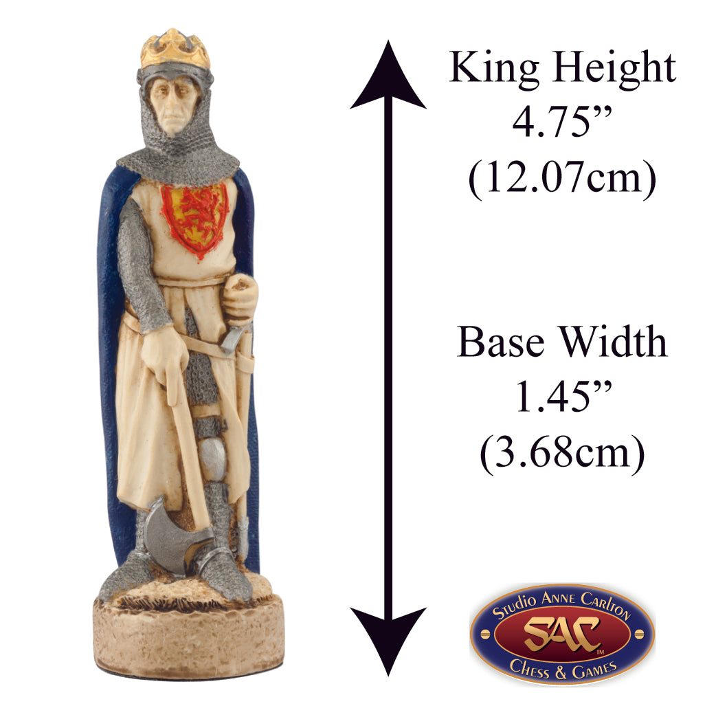 A handmade chess piece depicting Robert The Bruce from The Battle of Bannockburn, Alongside measurement information.