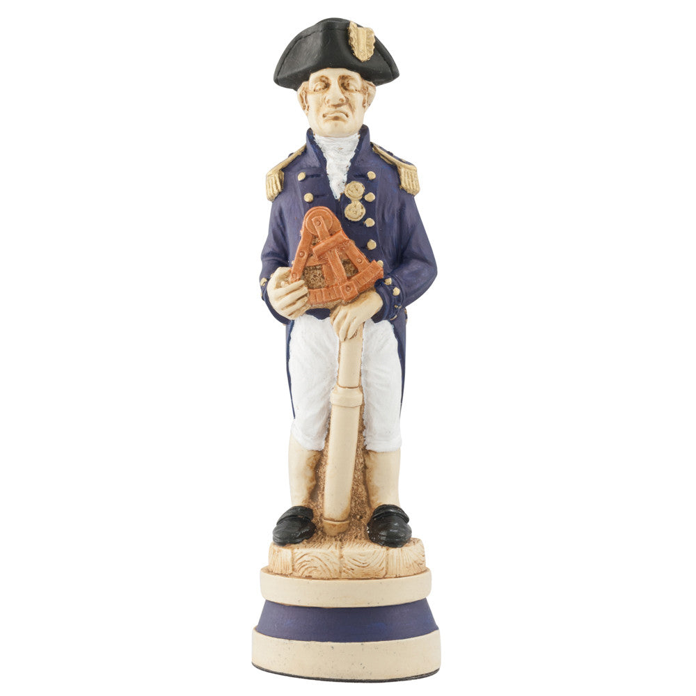 A handmade, painted chess piece depicting an important figure from the Battle of Trafalgar.