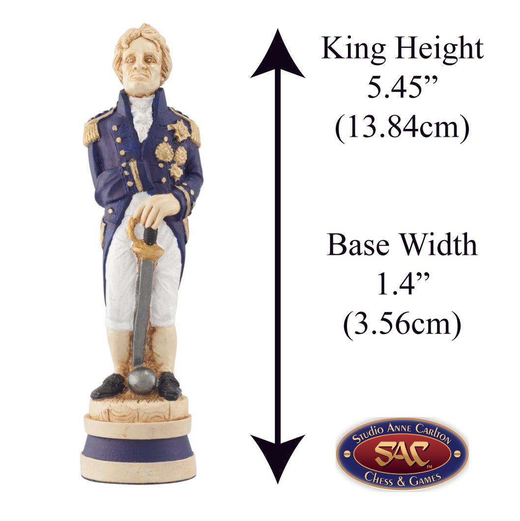 A handmade chess piece featuring Lord Horatio Nelson from The Battle of Trafalgar, Alongside measurement information.