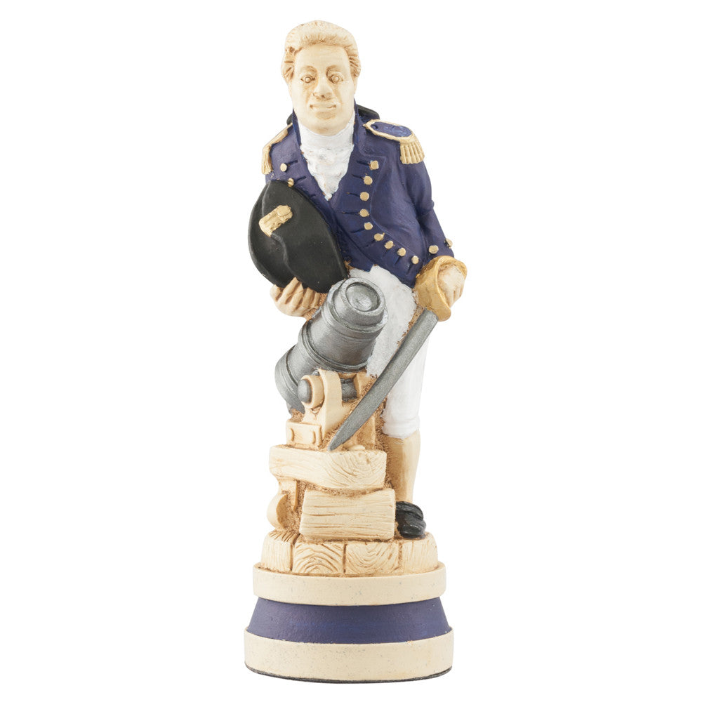 A handmade, painted chess piece depicting an important figure from the Battle of Trafalgar.