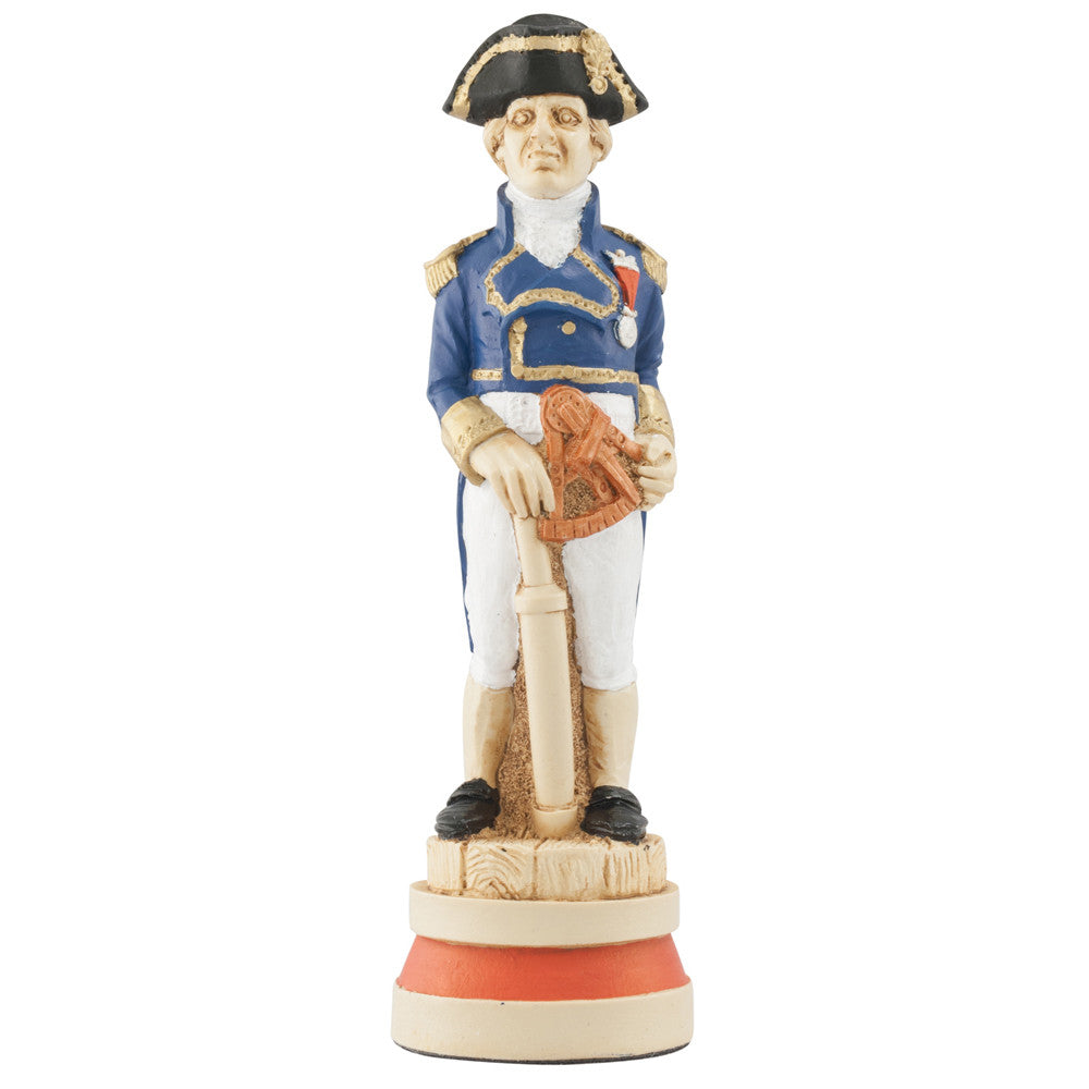 A handmade, painted chess piece depicting an important figure from the Battle of Trafalgar.