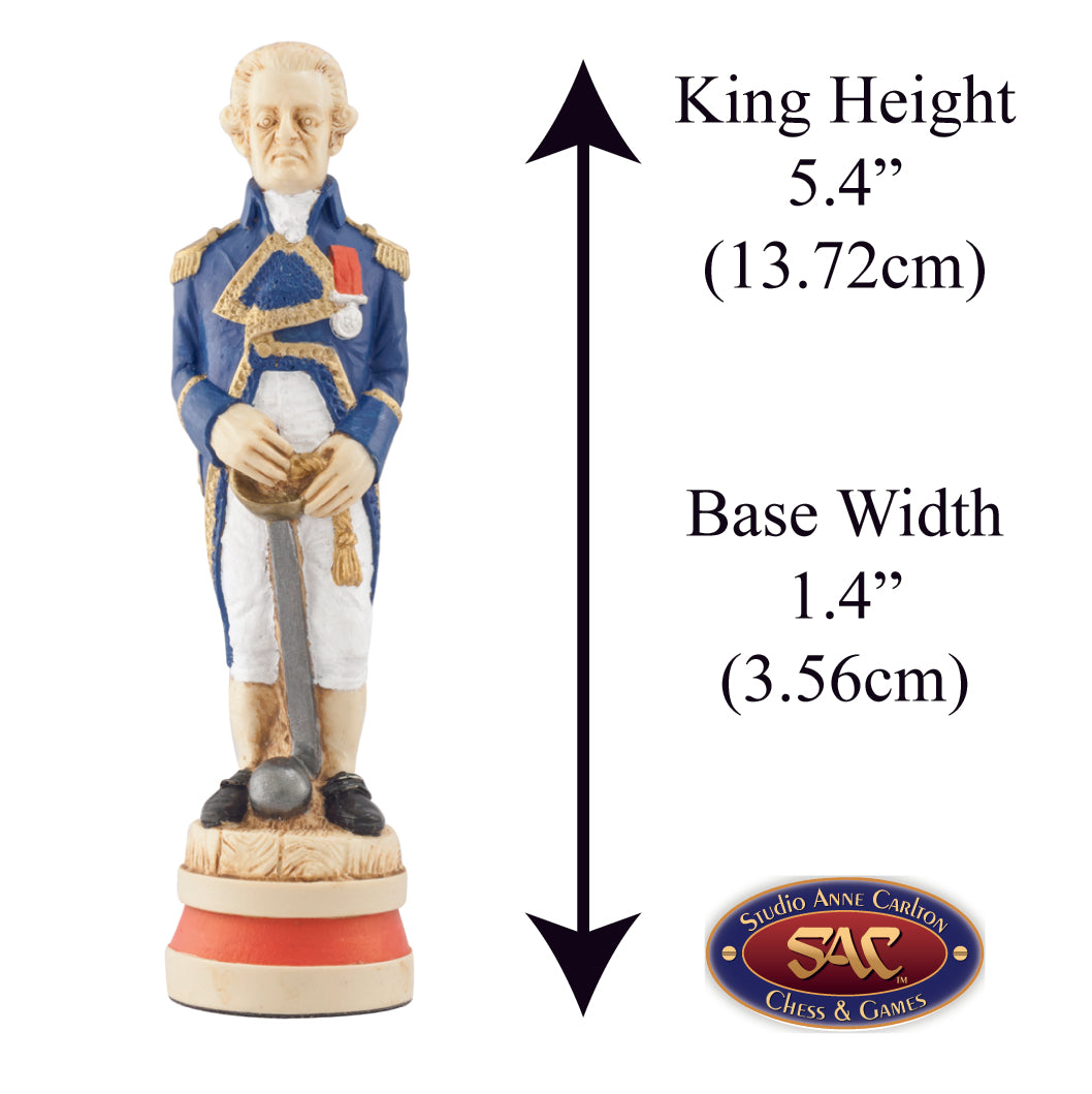 A handmade chess piece featuring Admiral Pierre-Charles Villeneuve from The Battle of Trafalgar, Alongside measurement information.