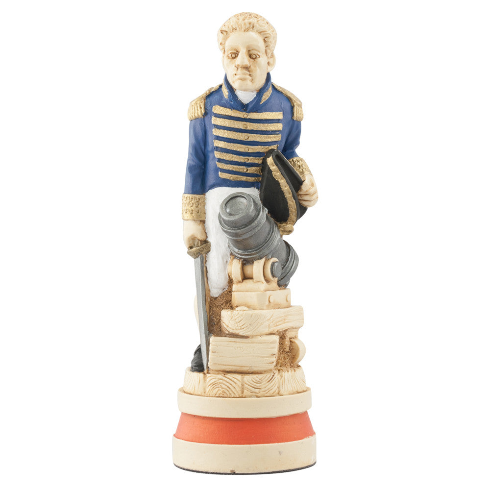 A handmade, painted chess piece depicting an important figure from the Battle of Trafalgar.