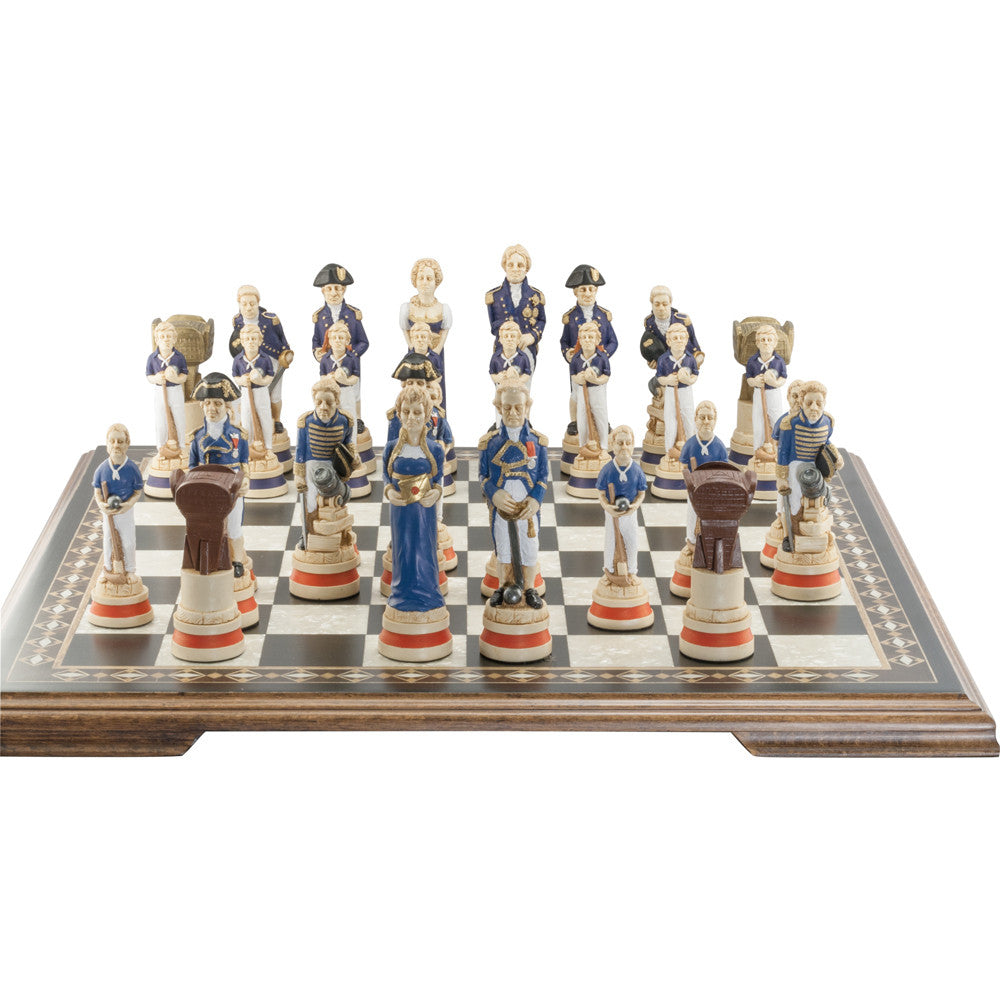 A hand-painted chess set featuring figurines representing characters from the Battle of Trafalgar, placed on a chess board.