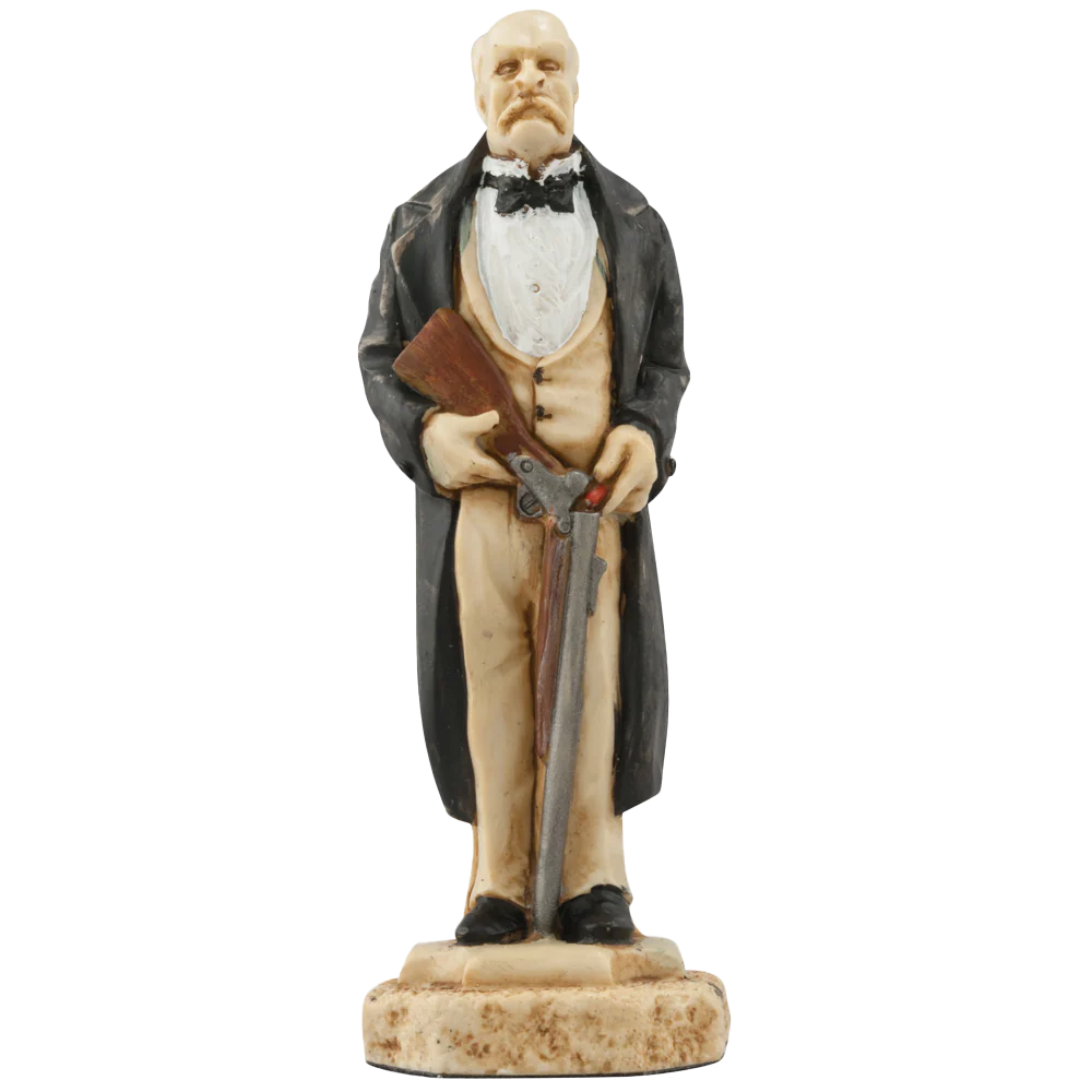 Hand painted themed Bishop chess piece depicting Colonel Moran, the chief assistant of Professor Moriarty who attempts to murder Sherlock Holmes by shooting at his silhouette illuminated in the drawing room window of 221b Baker Street.