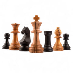 Set of wooden chess pieces on a white background