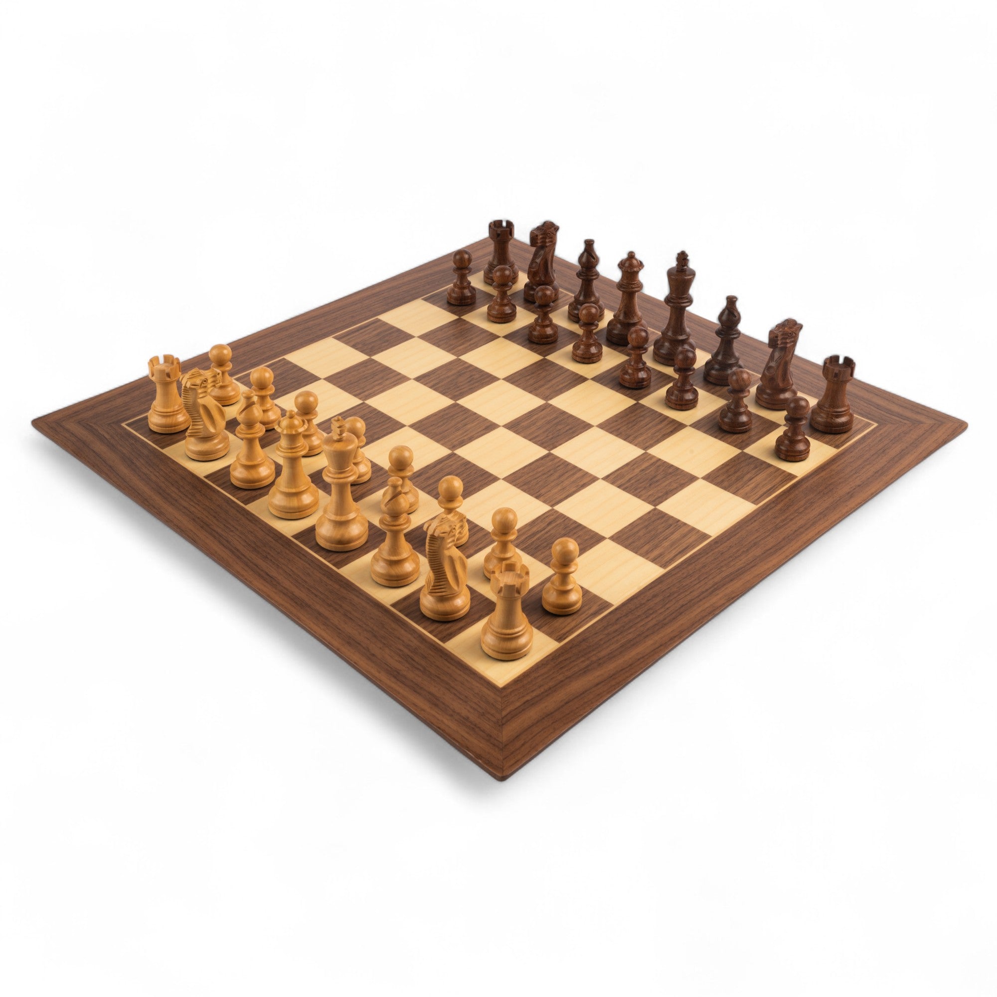 Wooden chessboard with pieces on a white background