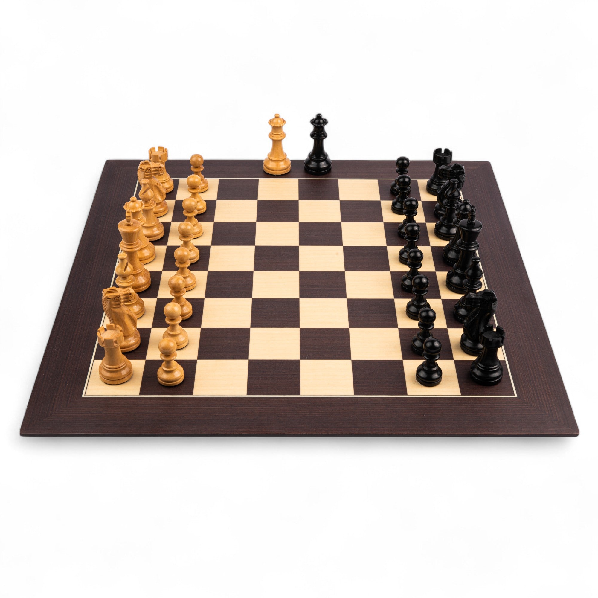 Chessboard with wooden chess pieces on a white background