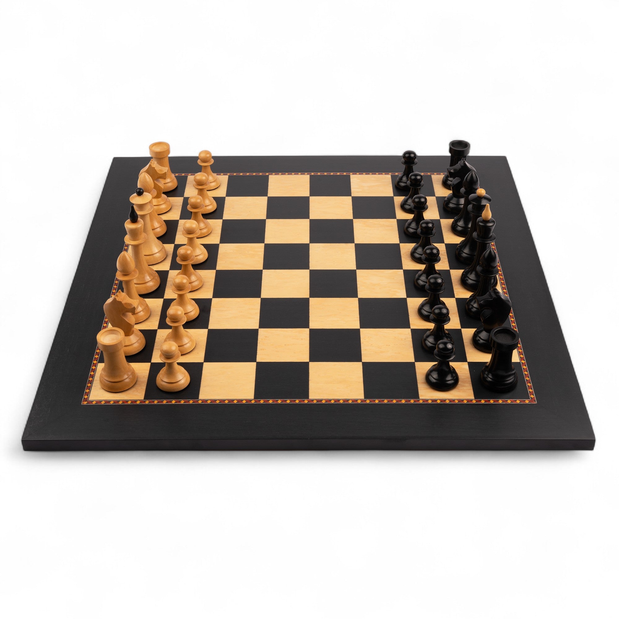 Chessboard with black and brown pieces on a white background