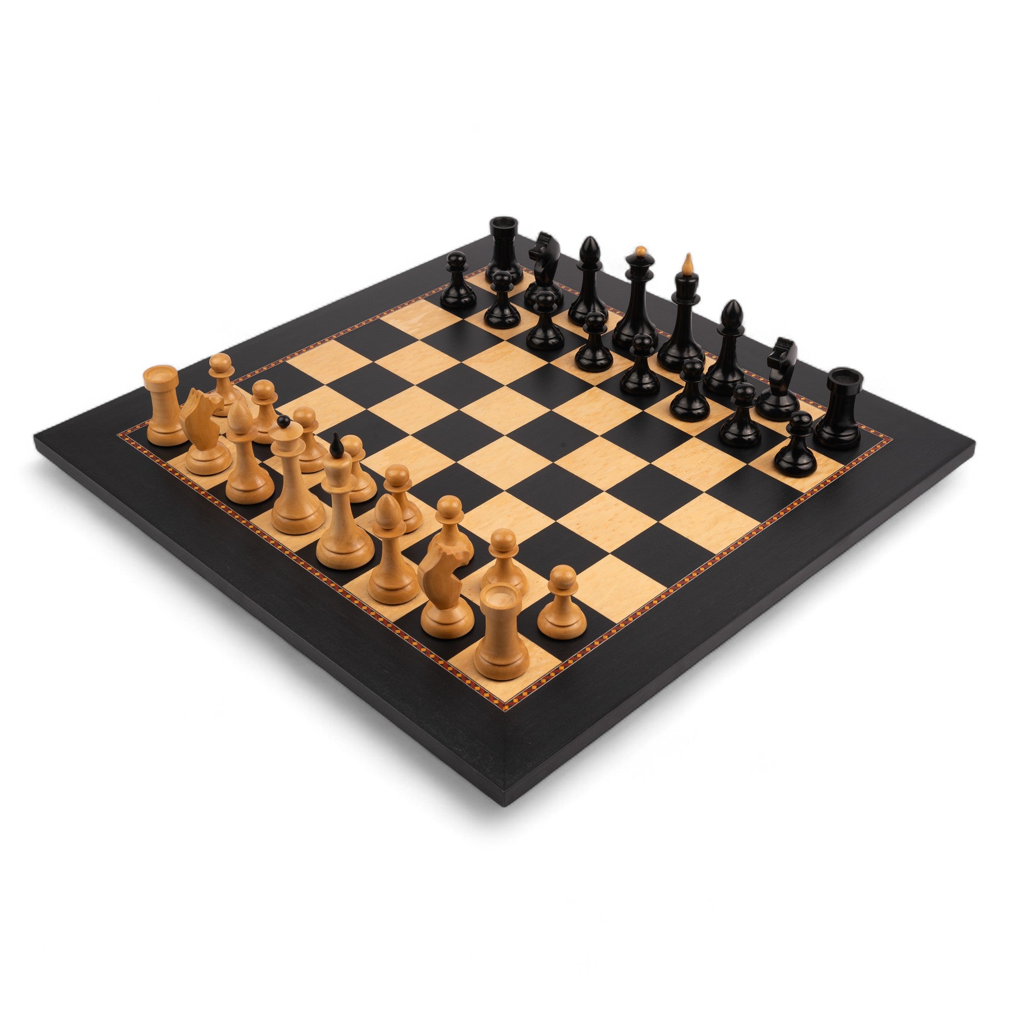 Wooden chess set with black and brown pieces on a checkered board