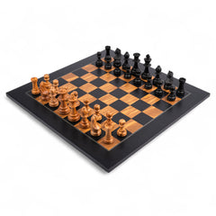 Wooden chess pieces on a checkered chessboard