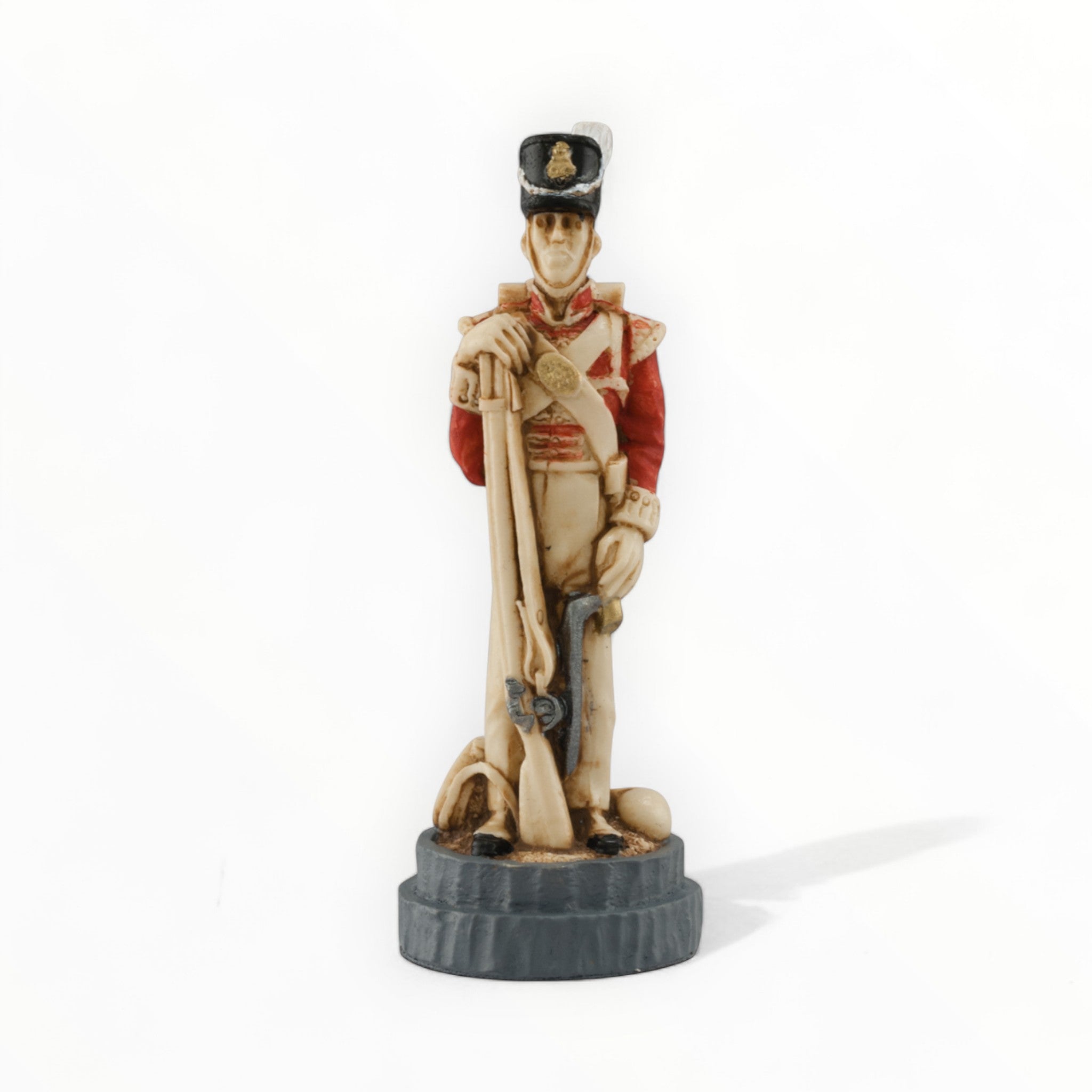 A hand painted chess piece depicting British Infantry from The Battle of Waterloo.