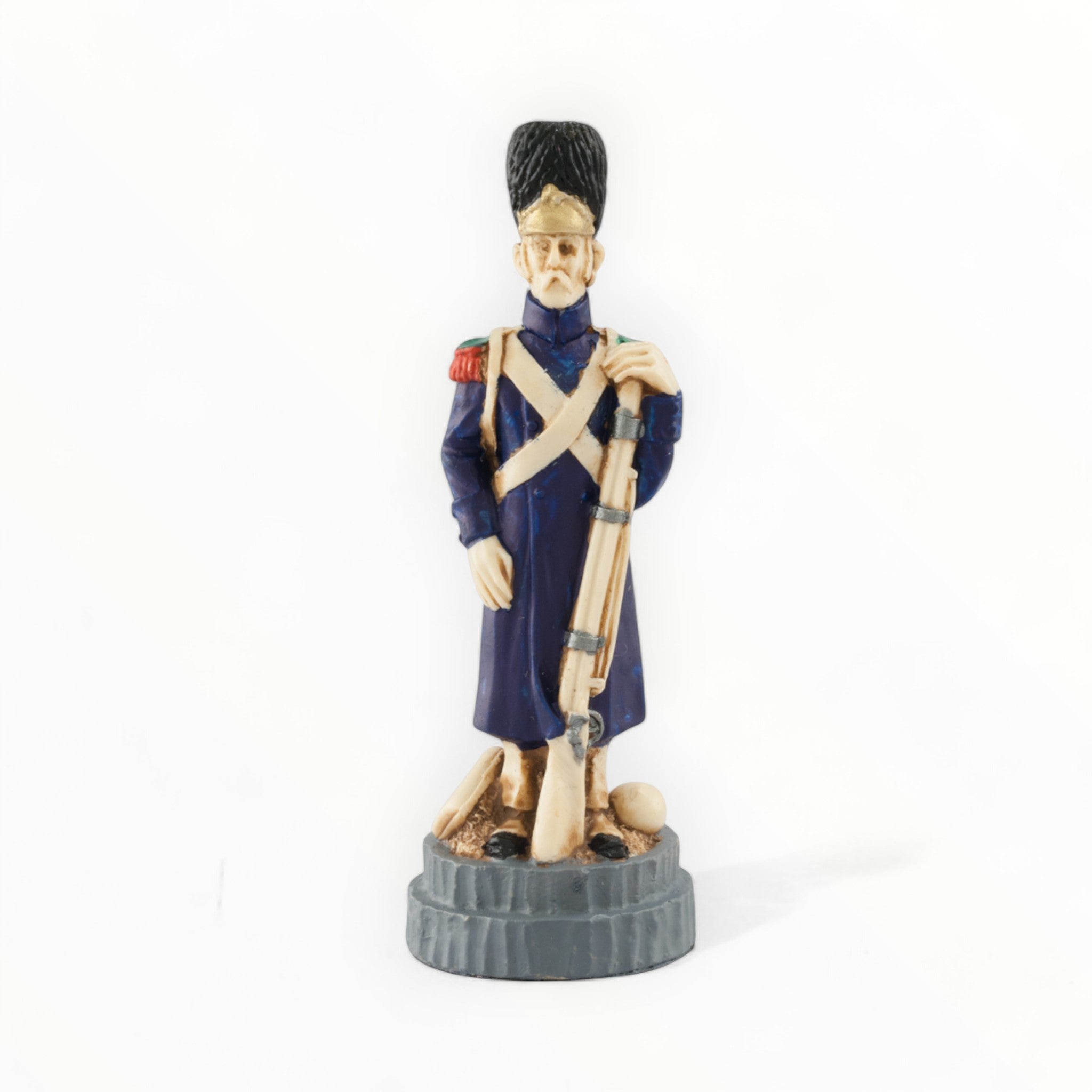 A hand painted chess piece depicting A French Imperial Guard Soldier from The Battle of Waterloo.